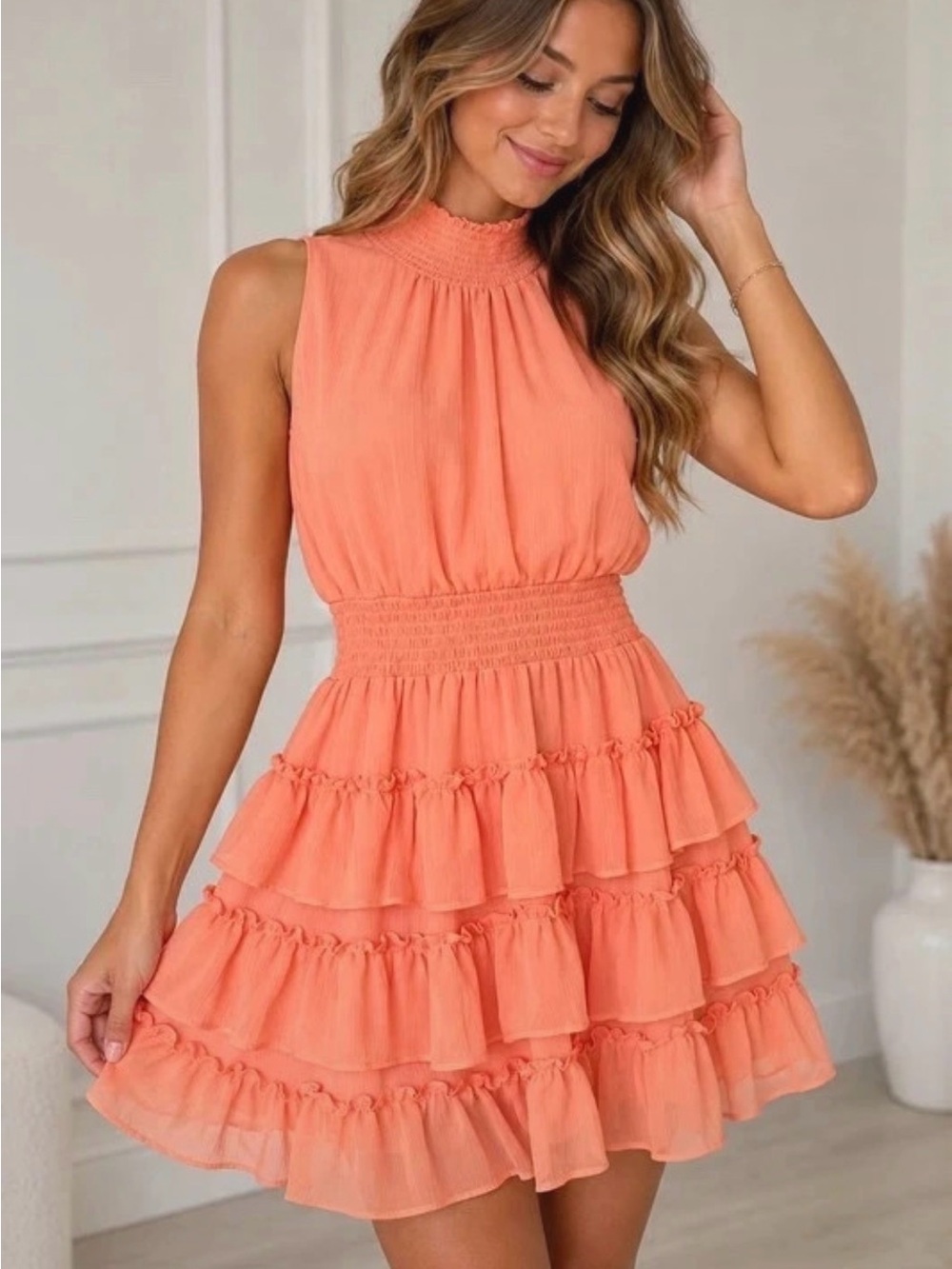 Express Coral High-Neck Smocked Tiered Mini Dress